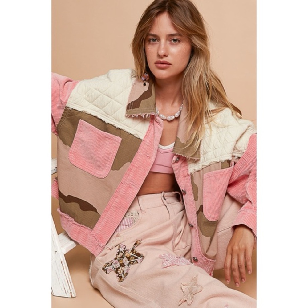 POL Pink Corduroy Camo Patchwork Jacket | Quilted Vintage Wash